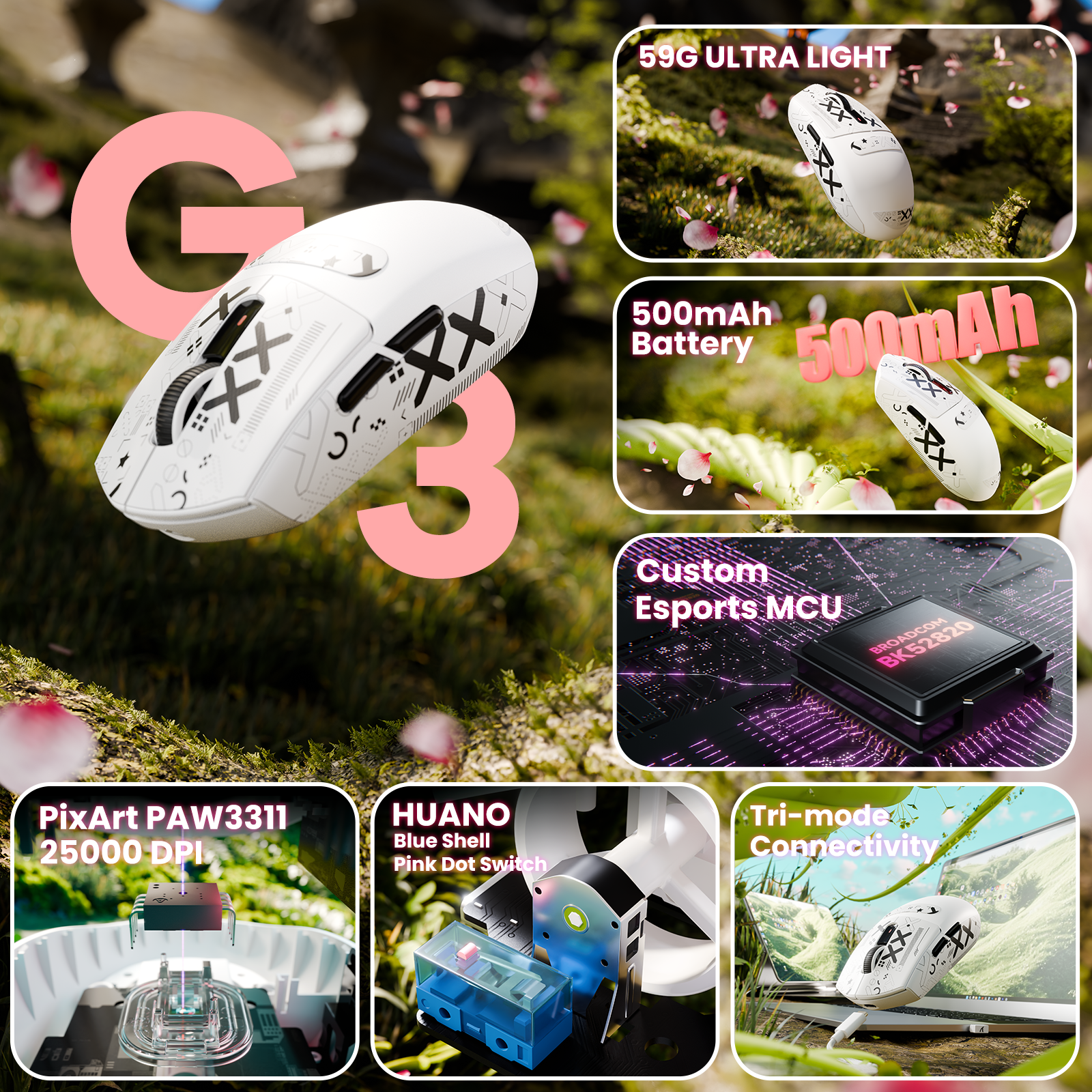 Mouse Gamer Sem Fio Tri-modo ATTACK SHARK G3 25000 DPI Ultraleve