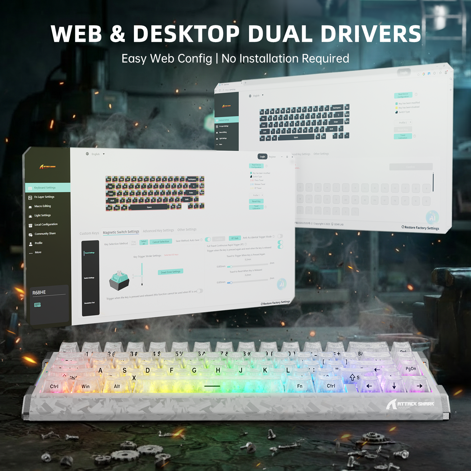 Teclado ATTACK SHARK R68 HE Fibra de Carbono com Ativação Rápida e Switch Magnético