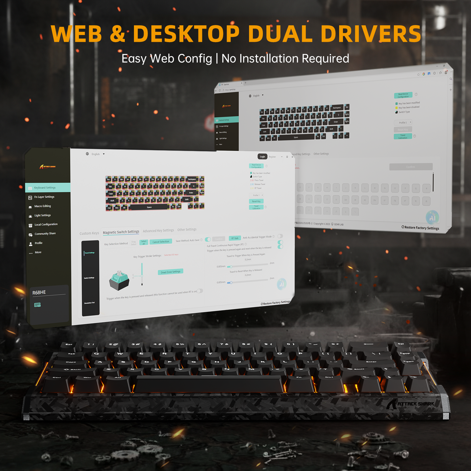 Teclado ATTACK SHARK R68 HE Fibra de Carbono com Ativação Rápida e Switch Magnético