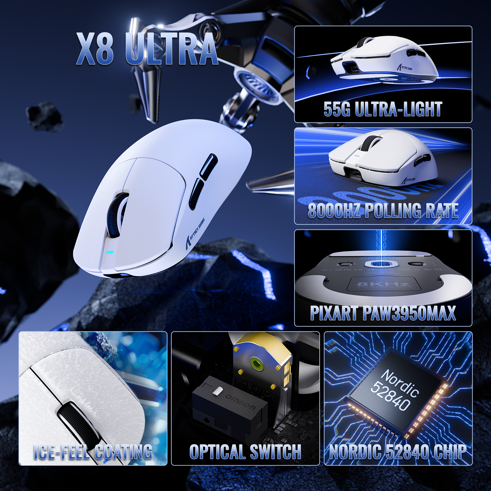 Mouse Gamer Sem Fio Leve ATTACK SHARK X8 Series Tri-mode