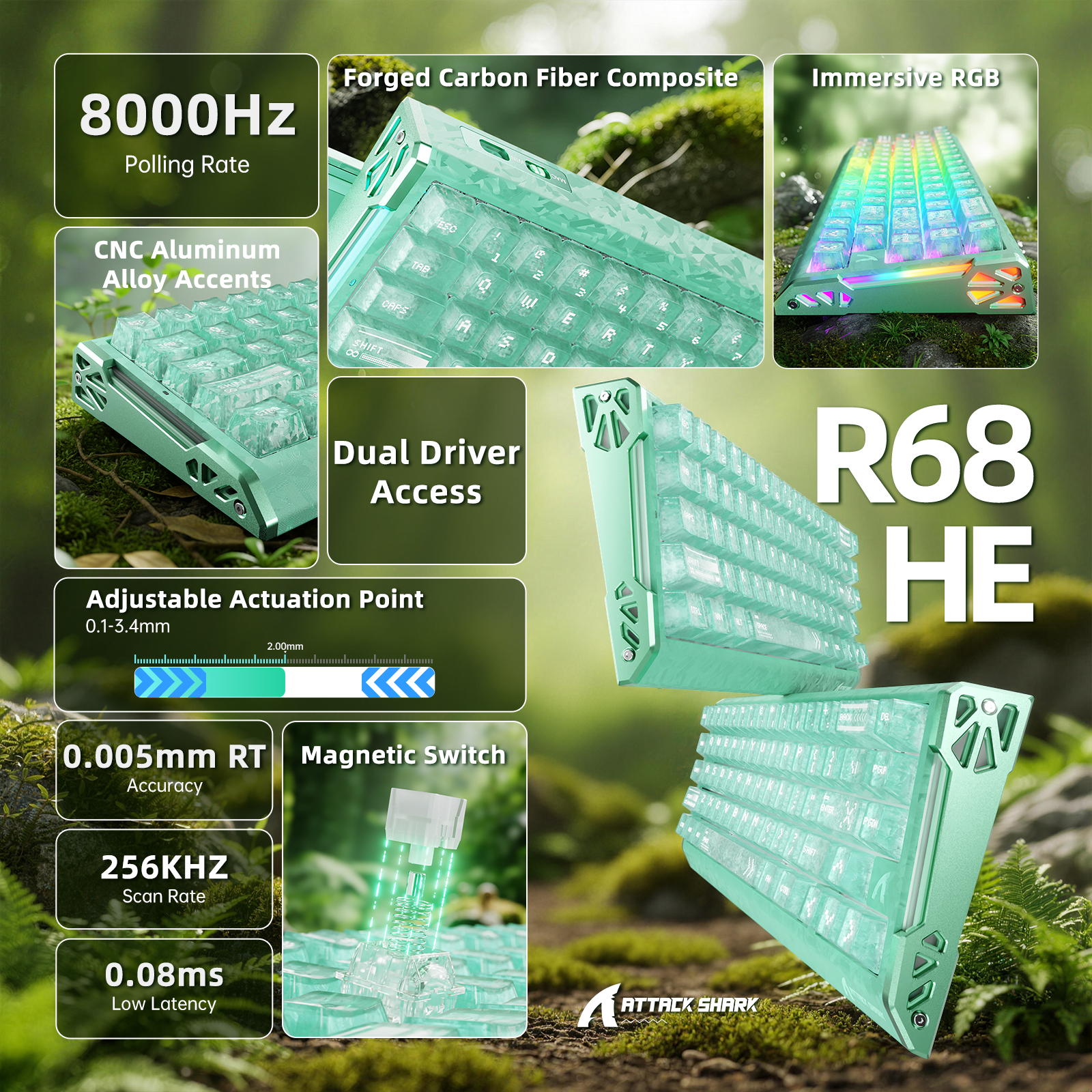 Teclado ATTACK SHARK R68 HE Fibra de Carbono com Ativação Rápida e Switch Magnético