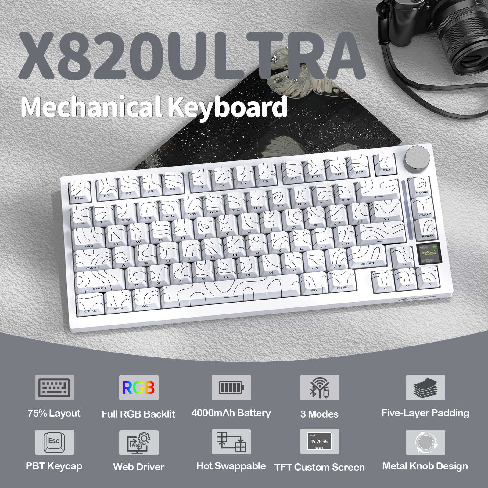 Teclado Mecânico com Junta Tri-modo ATTACK SHARK X820Ultra