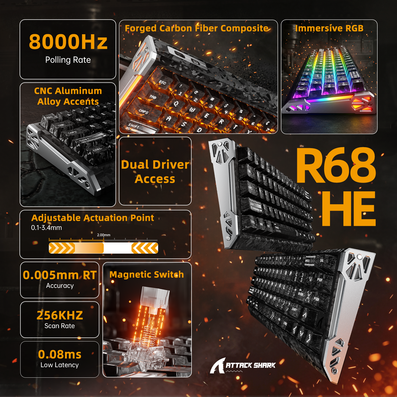 Teclado ATTACK SHARK R68 HE Fibra de Carbono com Ativação Rápida e Switch Magnético