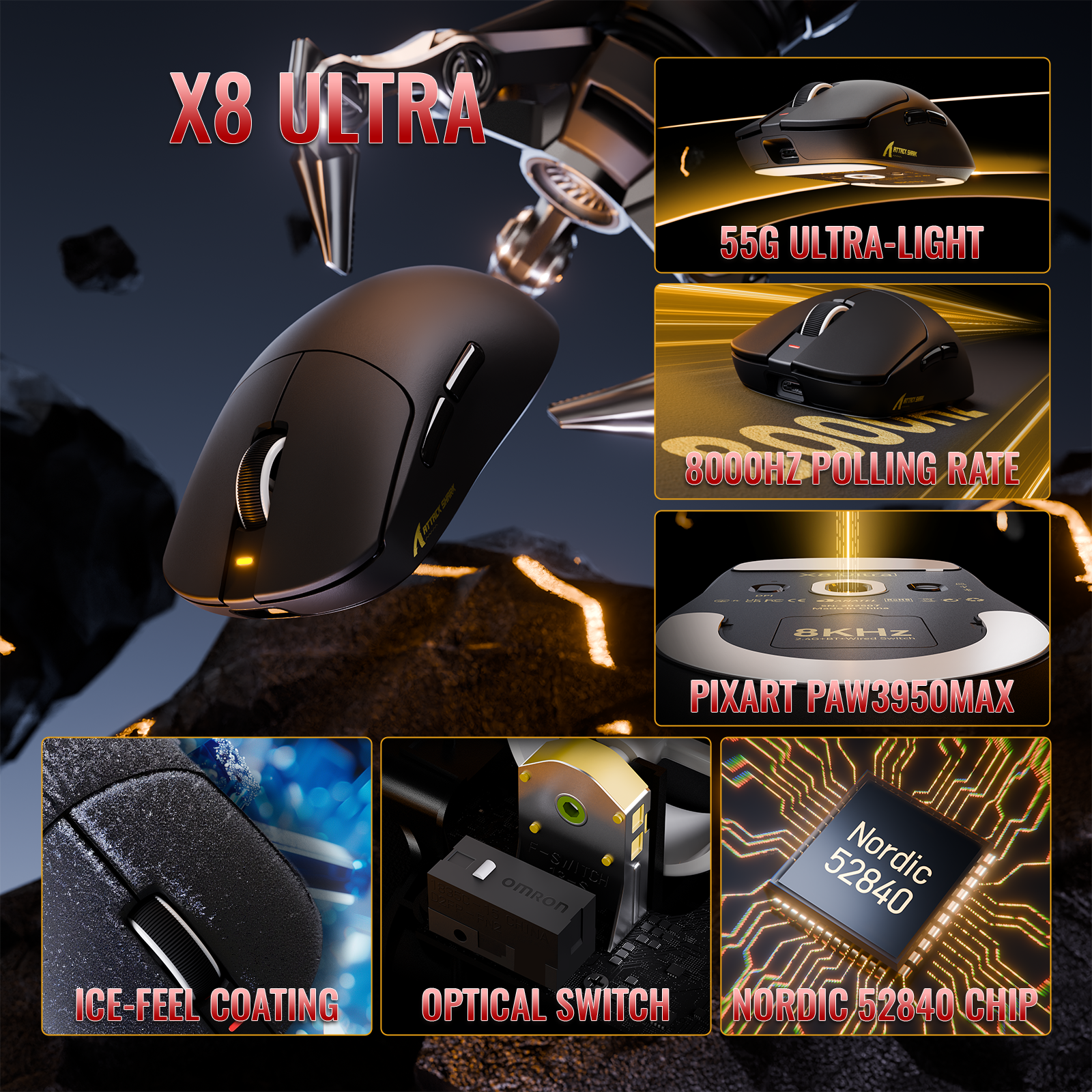 Mouse Gamer Sem Fio Leve ATTACK SHARK X8 Series Tri-mode