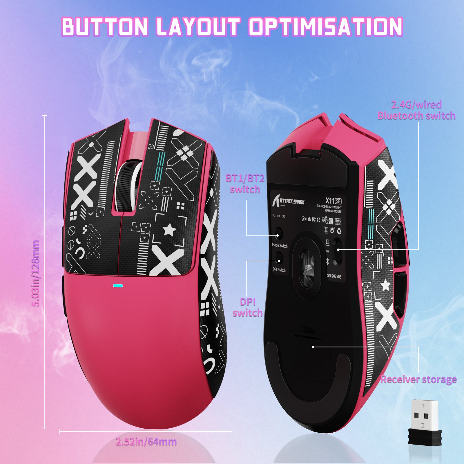 Pink ATTACK SHARK X11SE wireless gaming mouse with geometric patterns. Top & bottom views shown, with labeled switches and receiver storage.