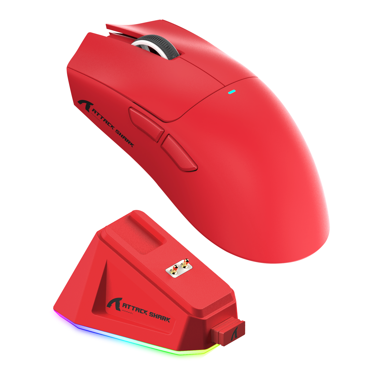 Red ATTACK SHARK X11 wireless gaming mouse with magnetic charging dock featuring RGB lighting.