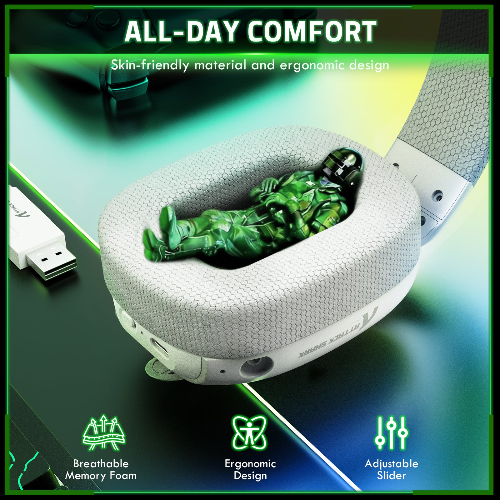 ATTACK SHARK L80PRO wireless gaming headset with breathable memory foam earcups and ergonomic design.