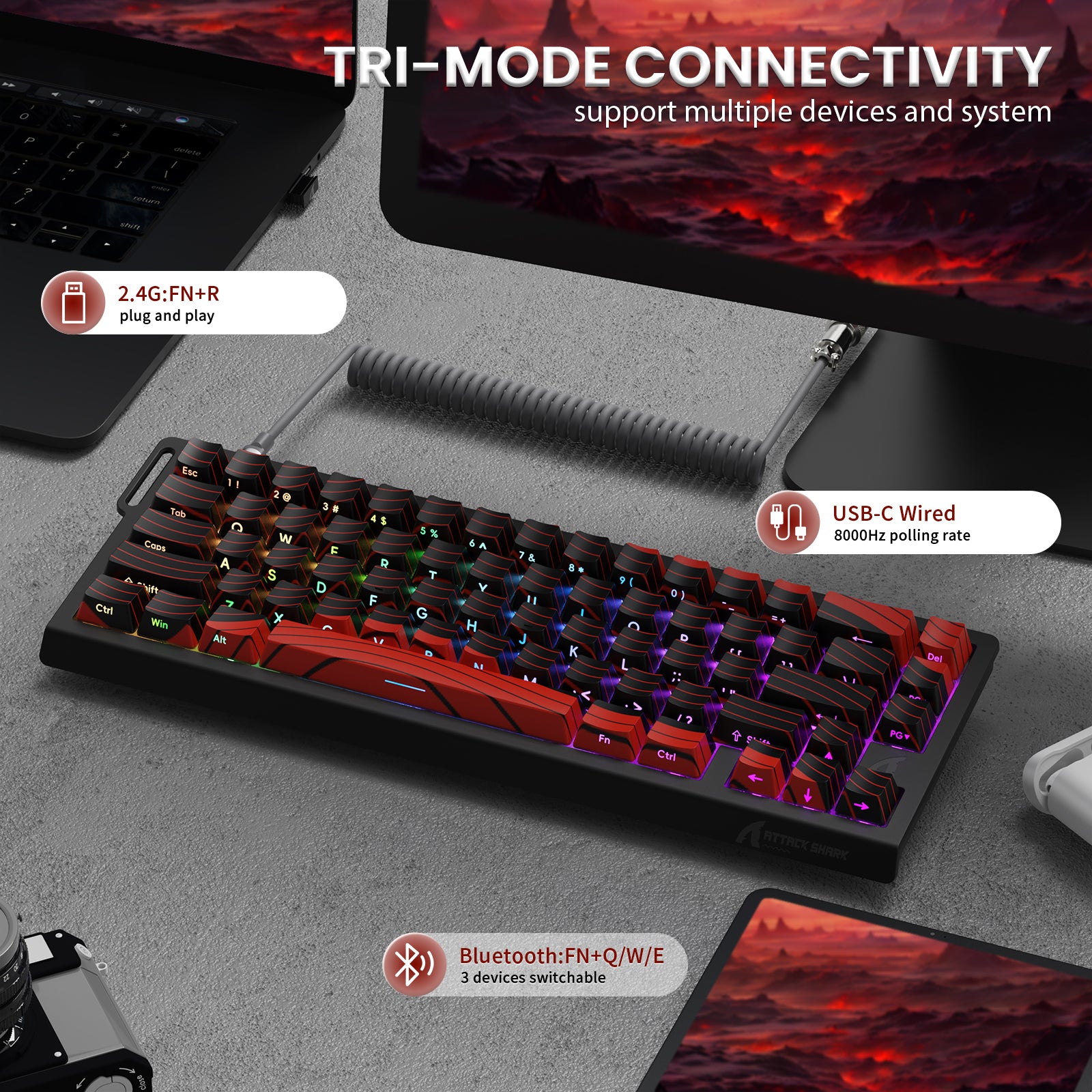 ATTACK SHARK X68PRO HE keyboard showing tri-mode connectivity: 2.4G, Bluetooth, and USB-C wired.