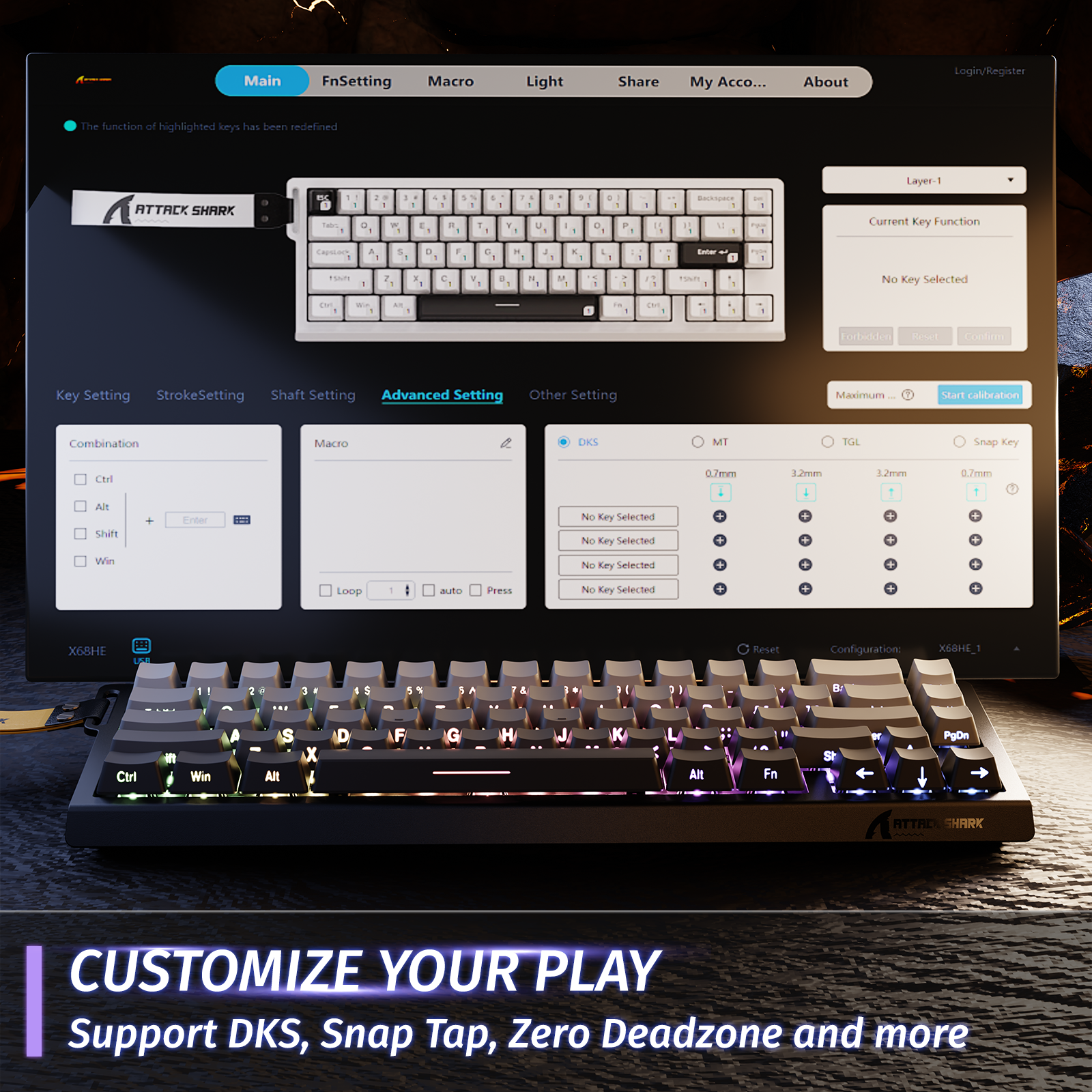 ATTACK SHARK X68 HE keyboard customization settings showing DKS, Snap Tap, Zero Deadzone features, and advanced key settings.
