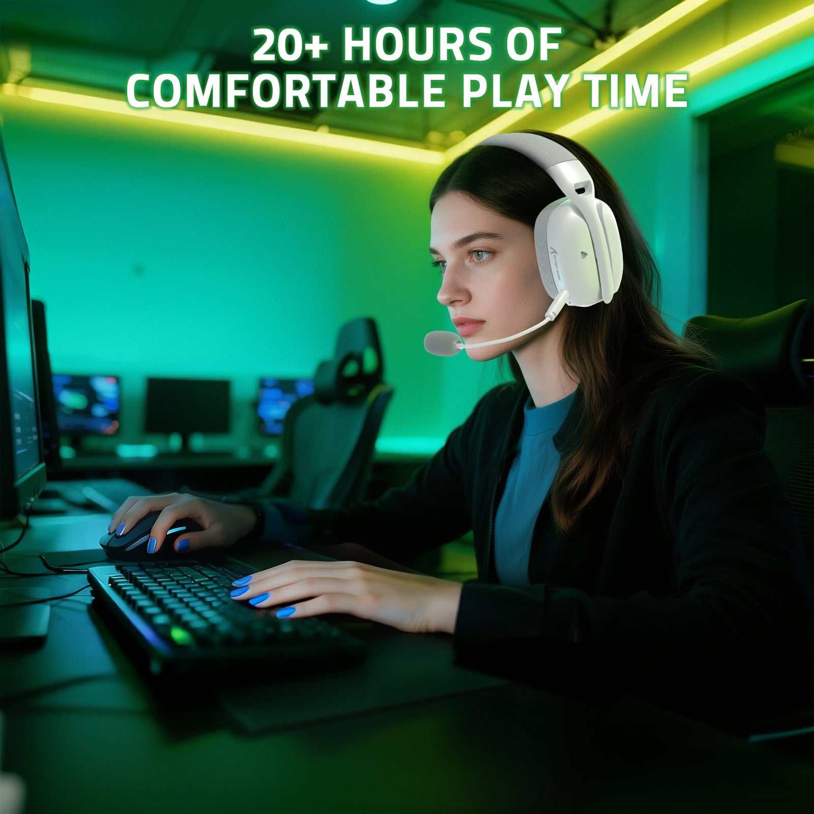 Woman wearing white ATTACK SHARK L80PRO wireless gaming headset, playing on computer.