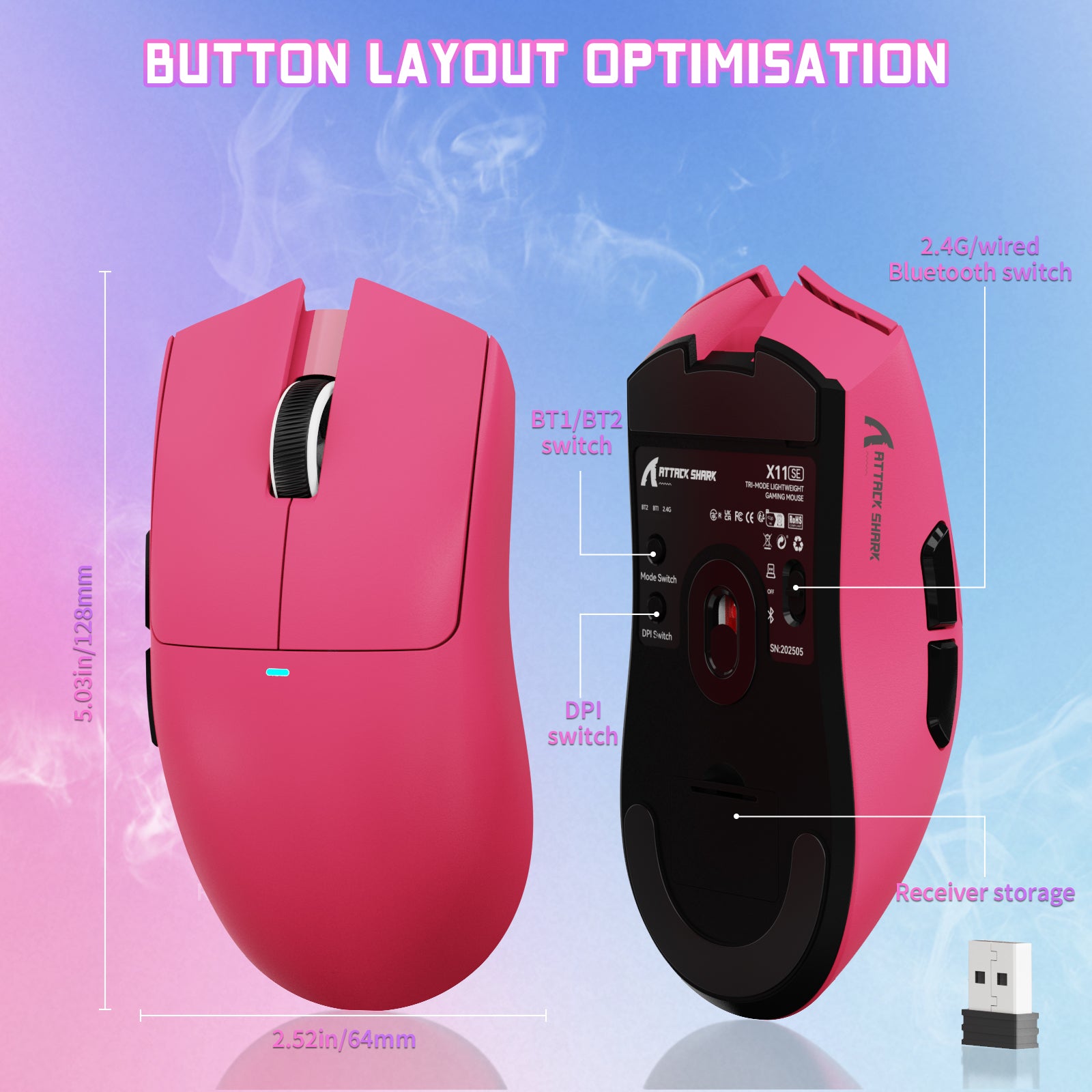ATTACK SHARK X11SE pink mouse, button layout details, DPI, BT1/BT2, and 2.4G/Bluetooth switch, ergonomic design