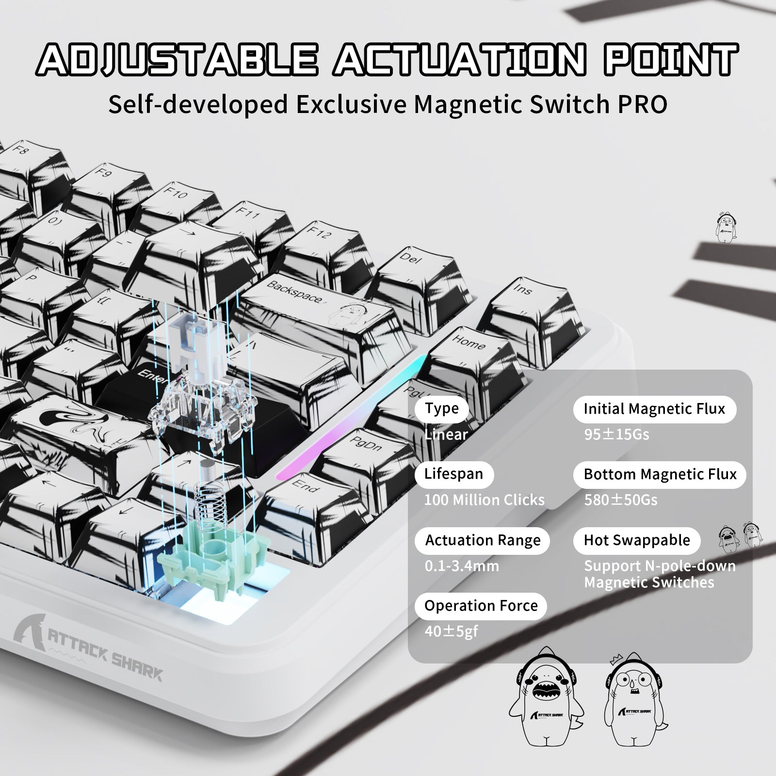 ATTACK SHARK X82PRO HE gaming keyboard, adjustable actuation point, magnetic switch, with specification details