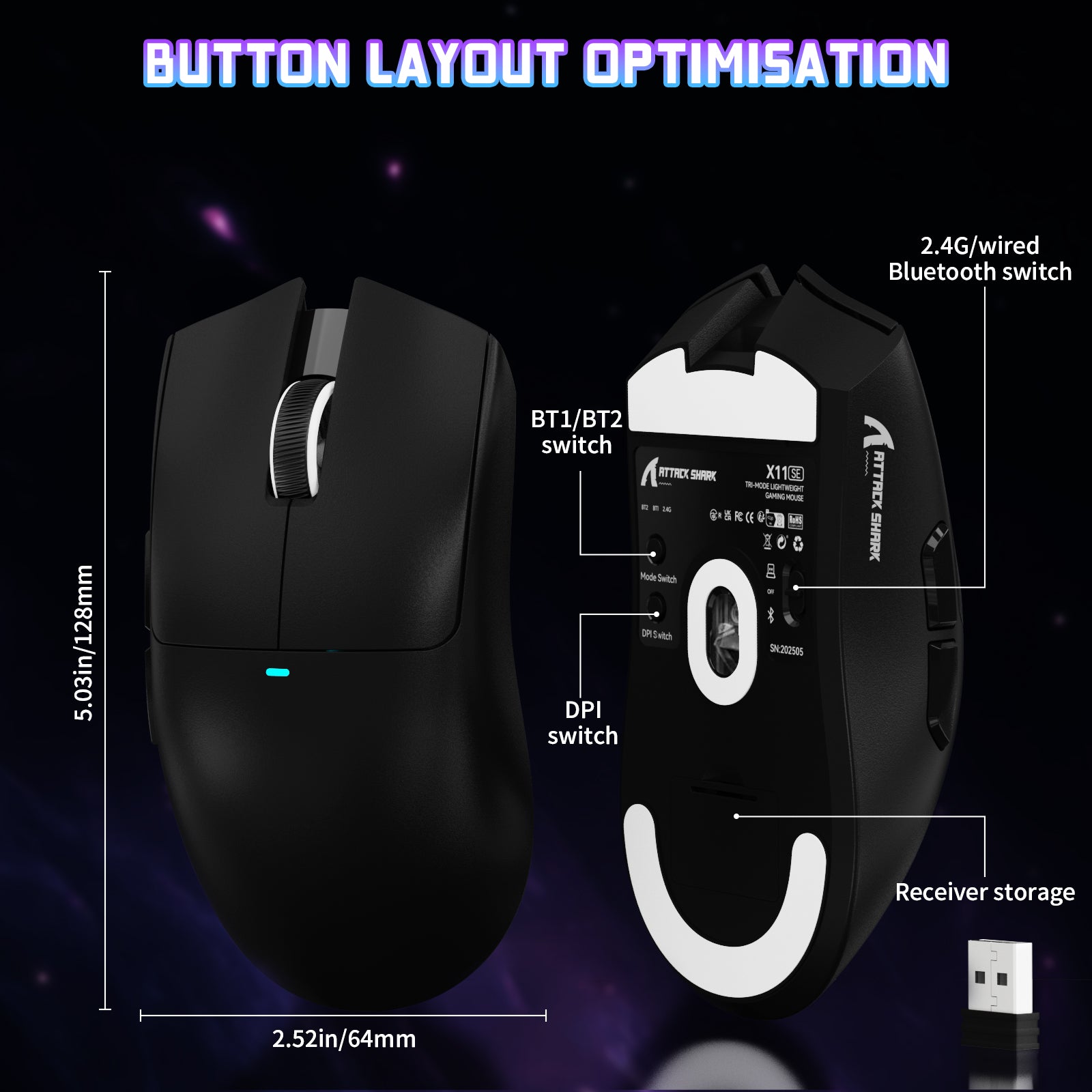 ATTACK SHARK X11SE Gaming Mouse Button Layout. 2.4G, Bluetooth and DPI Switch Details.