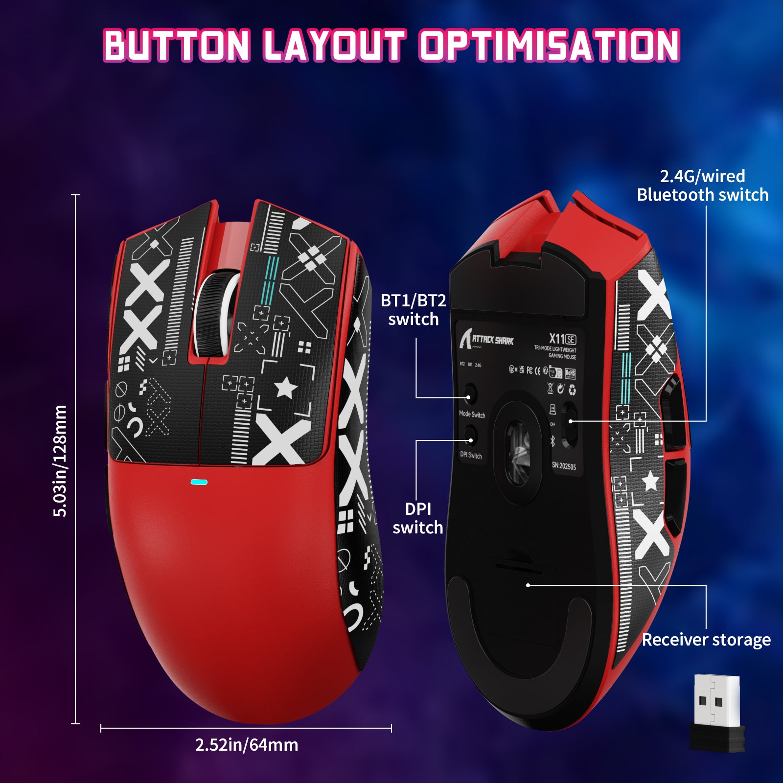 Red ATTACK SHARK X11SE wireless gaming mouse with unique black and white pattern, showing button layout and switches.