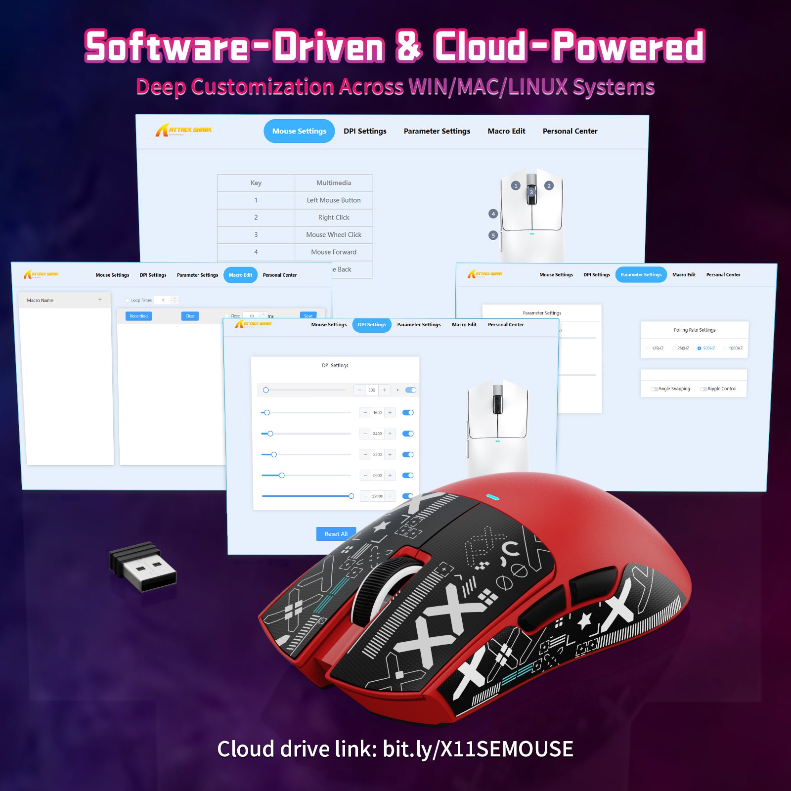 ATTACK SHARK X11SE gaming mouse software, DPI and macro settings on Windows, Mac, Linux, cloud-powered.