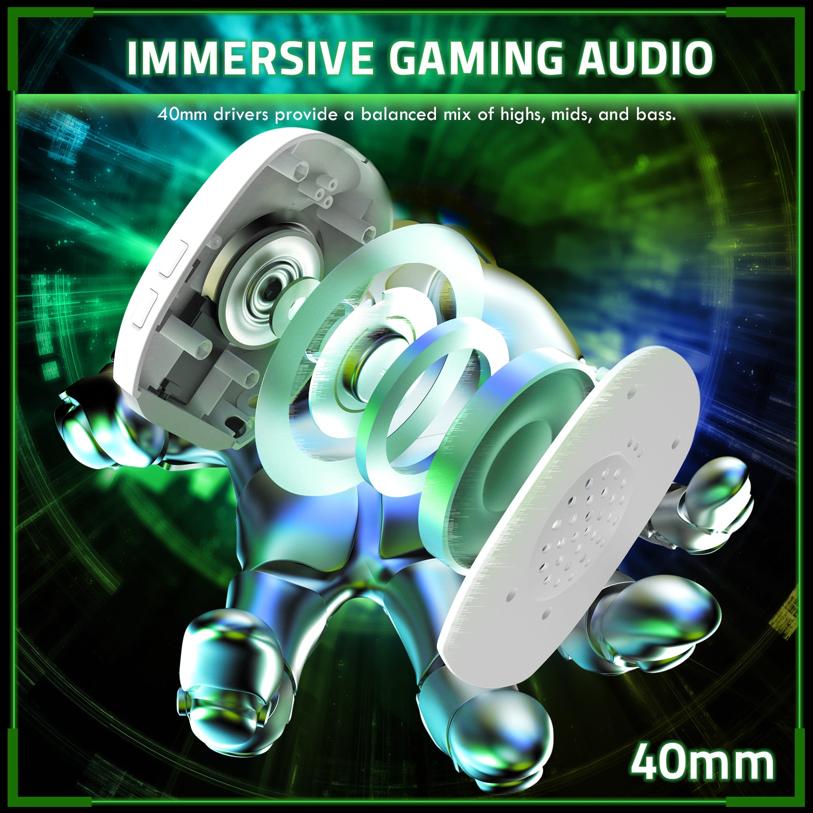 ATTACK SHARK L80PRO headset with exploded view of 40mm drivers for immersive gaming audio