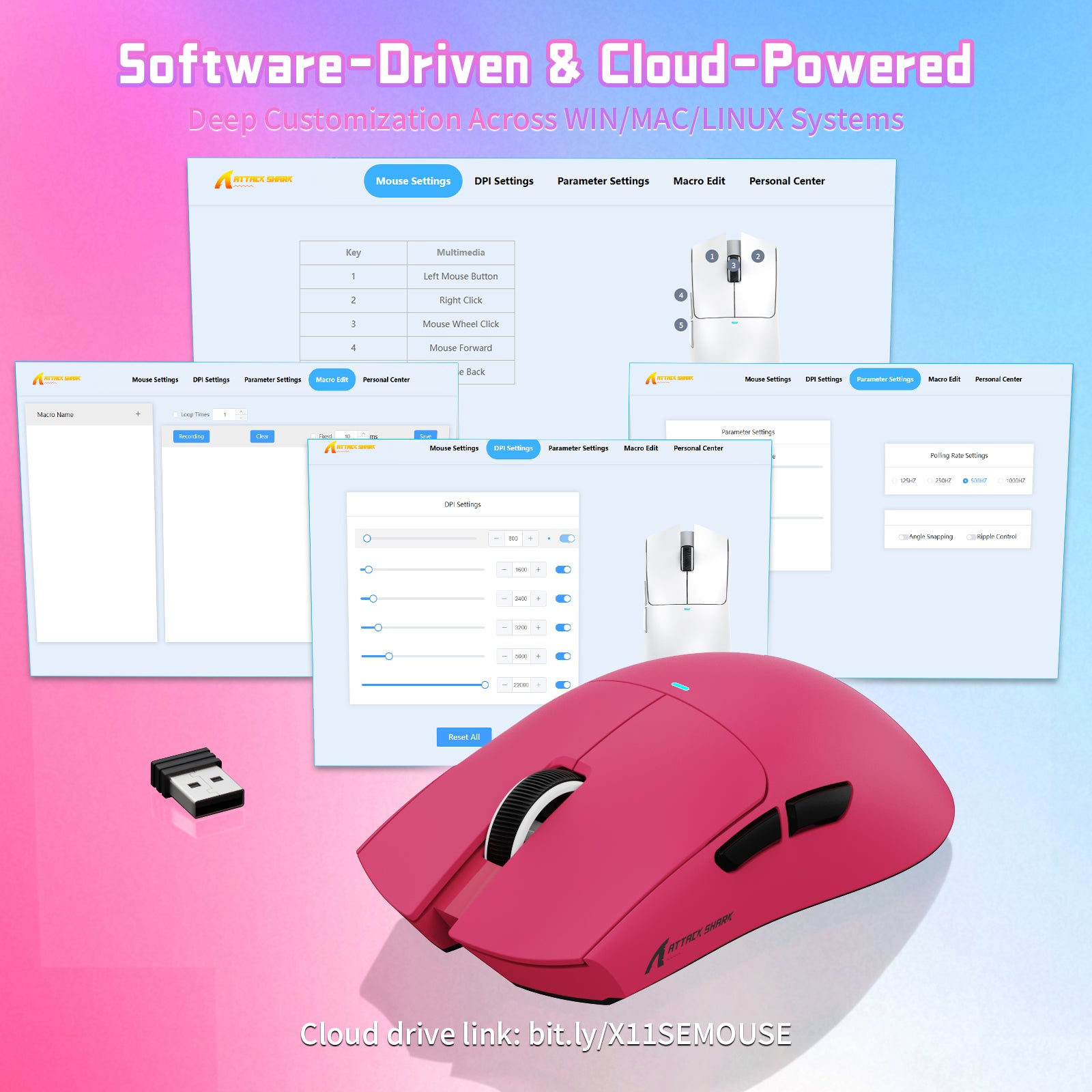 ATTACK SHARK X11SE gaming mouse software interface with customizable DPI and macro settings