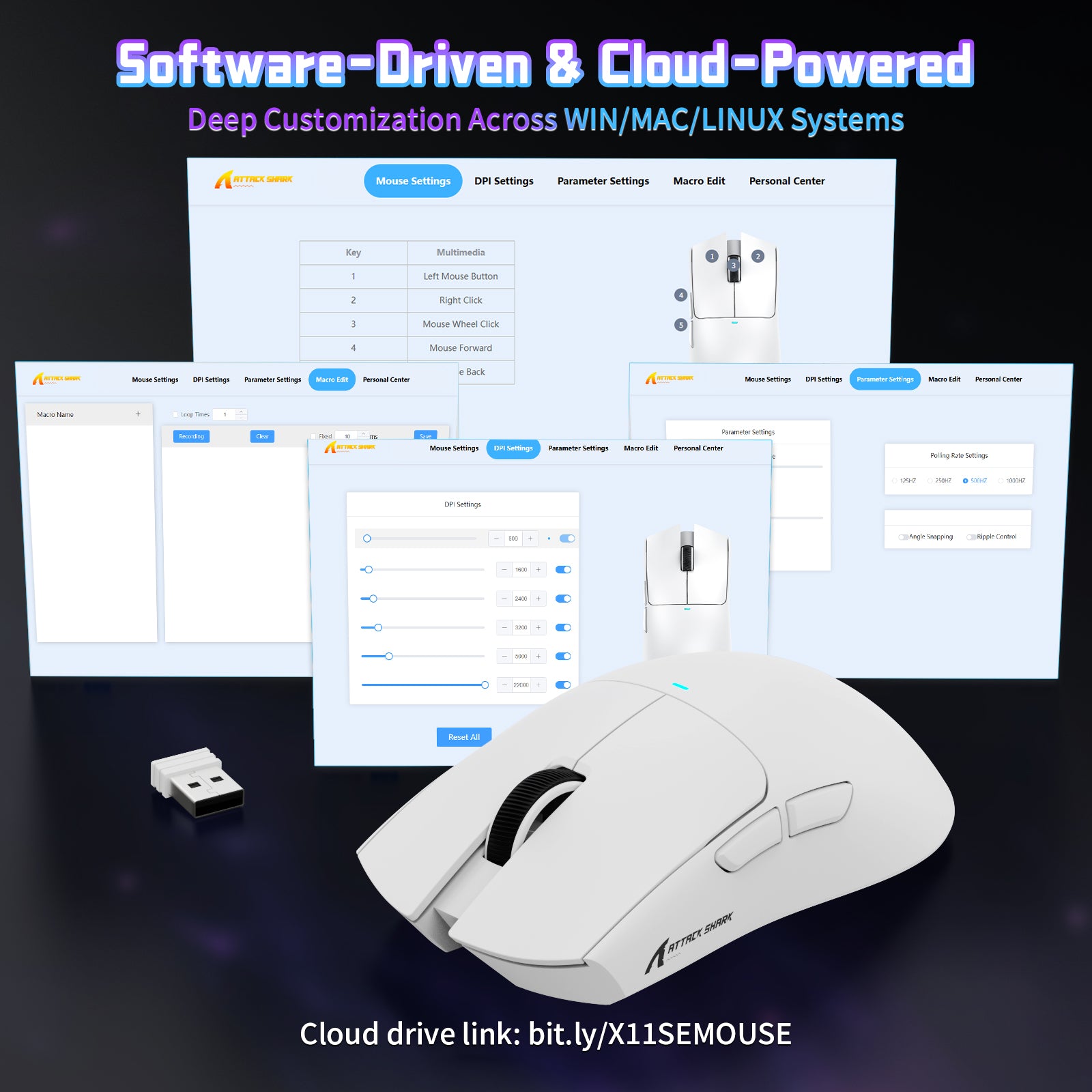 ATTACK SHARK X11SE Wireless Gaming Mouse software interface showing DPI and macro settings for Windows, Mac and Linux systems