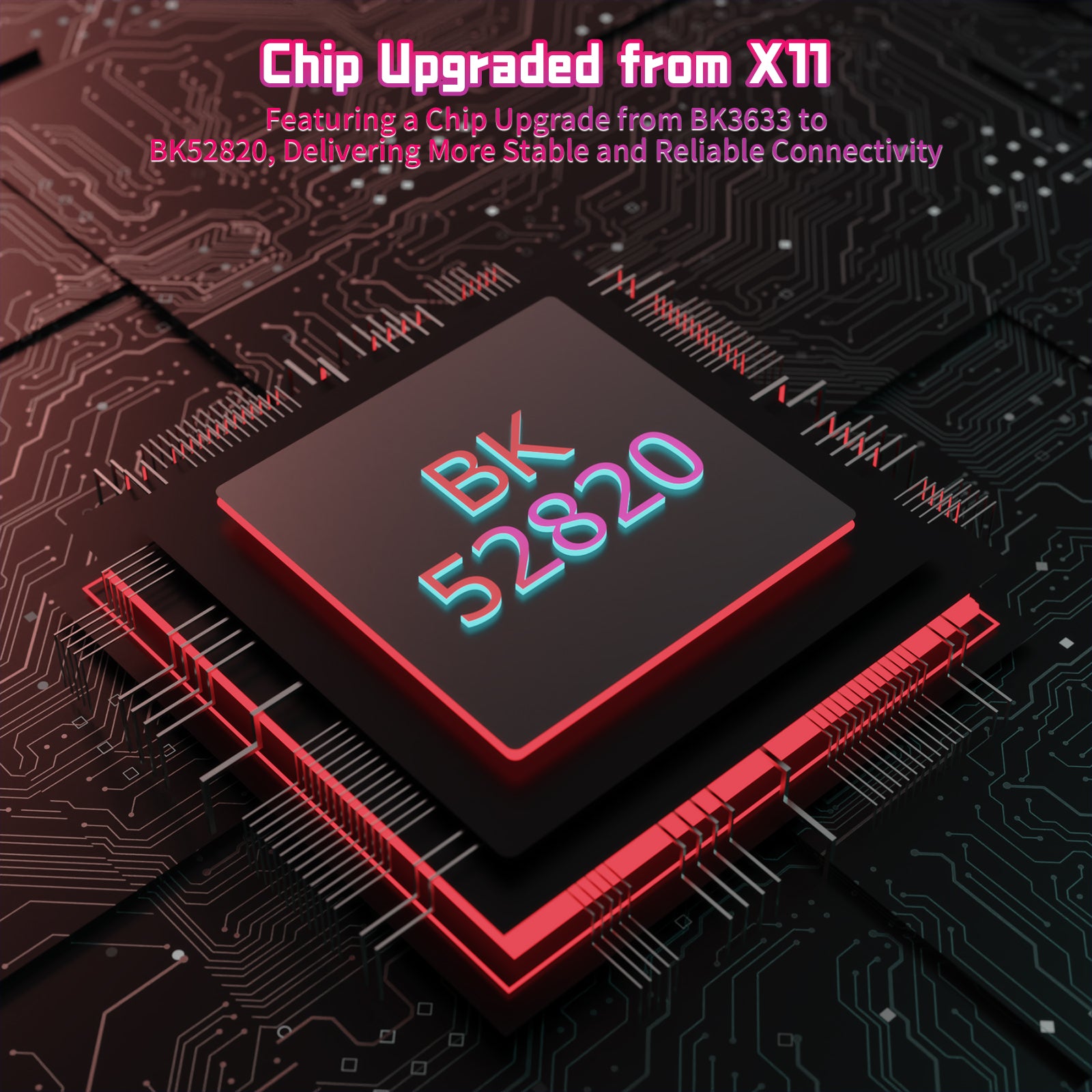 ATTACK SHARK X11SE gaming mouse featuring BK52820 chip upgrade for stable connectivity. Black and red circuit board design.