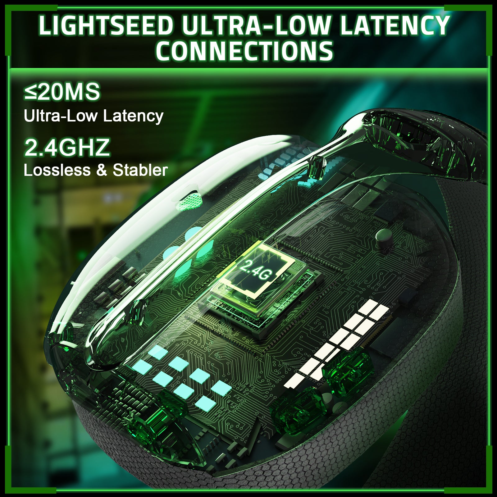 ATTACK SHARK L80PRO wireless gaming headset circuit board with "2.4G" text, highlighting ultra-low latency.