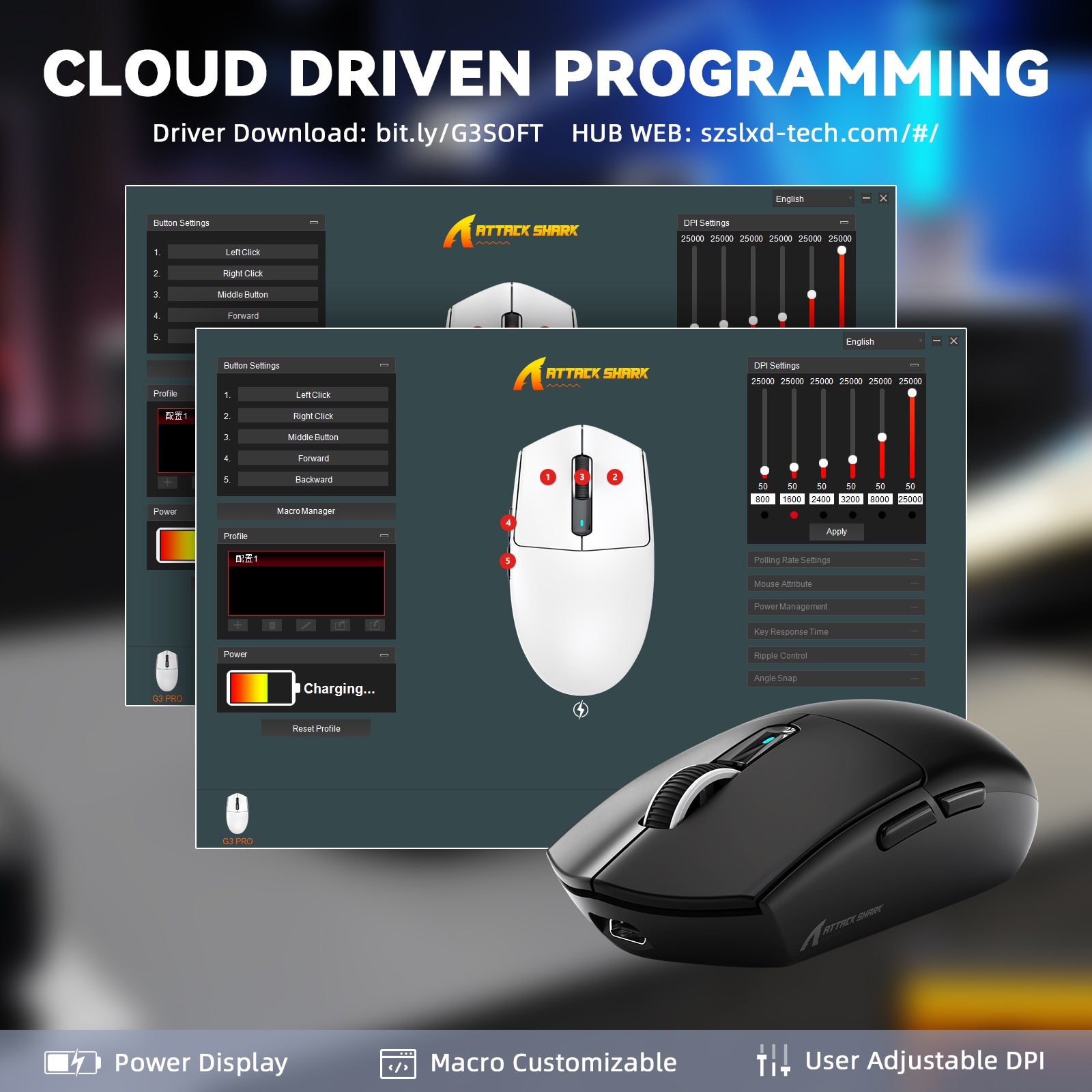 Mouse Gamer Sem Fio ATTACK SHARK G3PRO Tri-mode com Base de Carregamento 25000 DPI Ultraleve