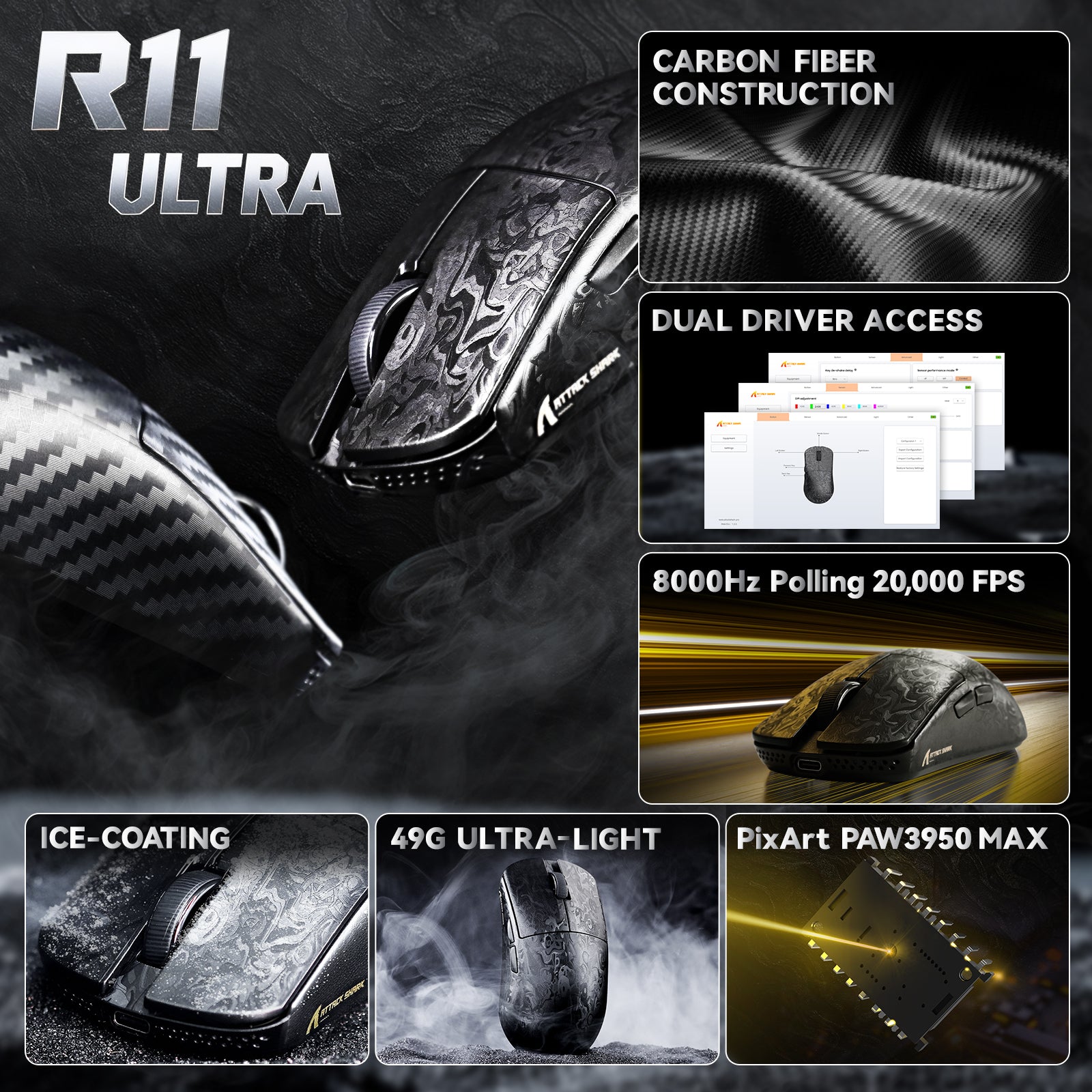 Mouse Gamer Sem Fio ATTACK SHARK R11 ULTRA Fibra de Carbono 8K PAW3950MAX