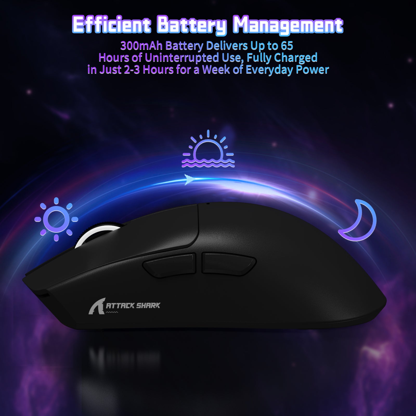 ATTACK SHARK X11SE Wireless Gaming Mouse, featuring long battery life and fast charging, black design.