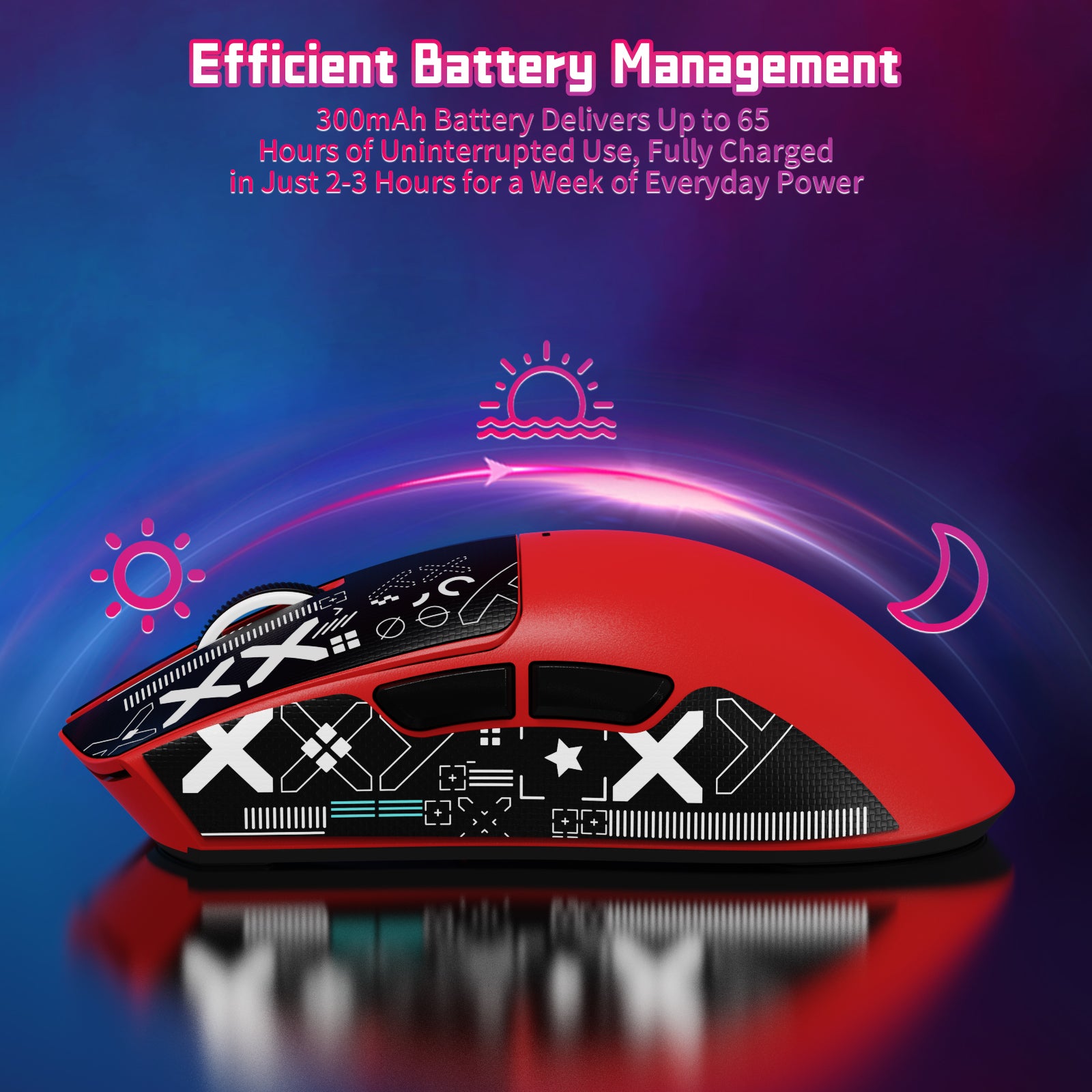 Red ATTACK SHARK X11SE wireless gaming mouse with "Efficient Battery Management" text and battery life details.