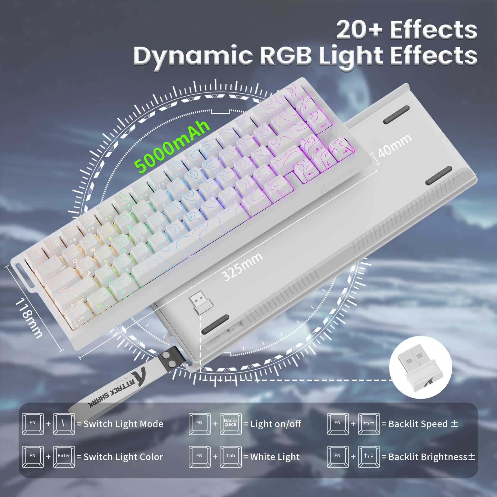 X68 Pro HE white 60% RGB gaming keyboard with dimensions