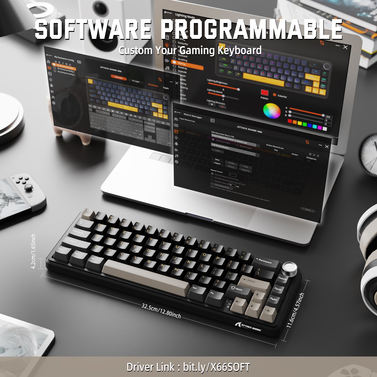 ATTACK SHARK X66 mechanical keyboard, software programmable with customizable RGB lighting and macro settings.