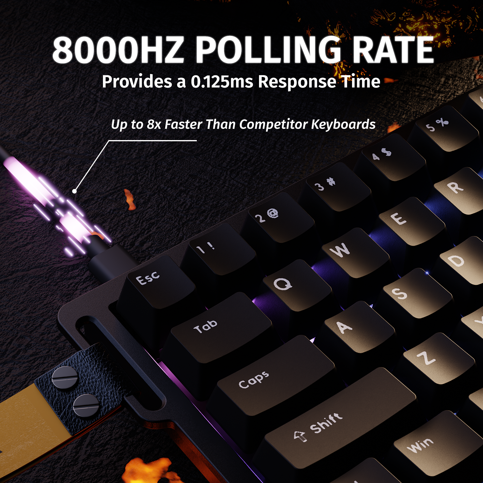 ATTACK SHARK X68 HE keyboard with 8000Hz polling rate and 0.125ms response time, up to 8x faster than competitors.