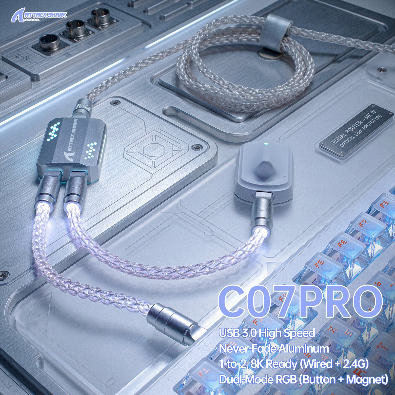 Cabo Tipo C 2 em 1 ATTACK SHARK C07 PRO para Teclado/Mouse Gamer 8KHz