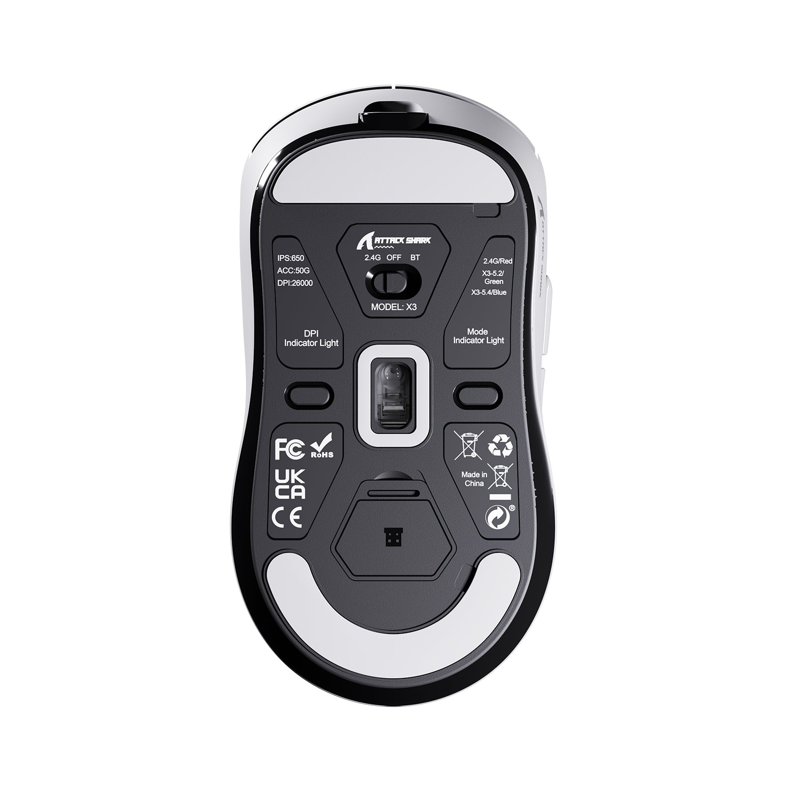 ATTACK SHARK X3 Wireless Gaming Mouse bottom view, featuring DPI and connectivity details for competitive gaming