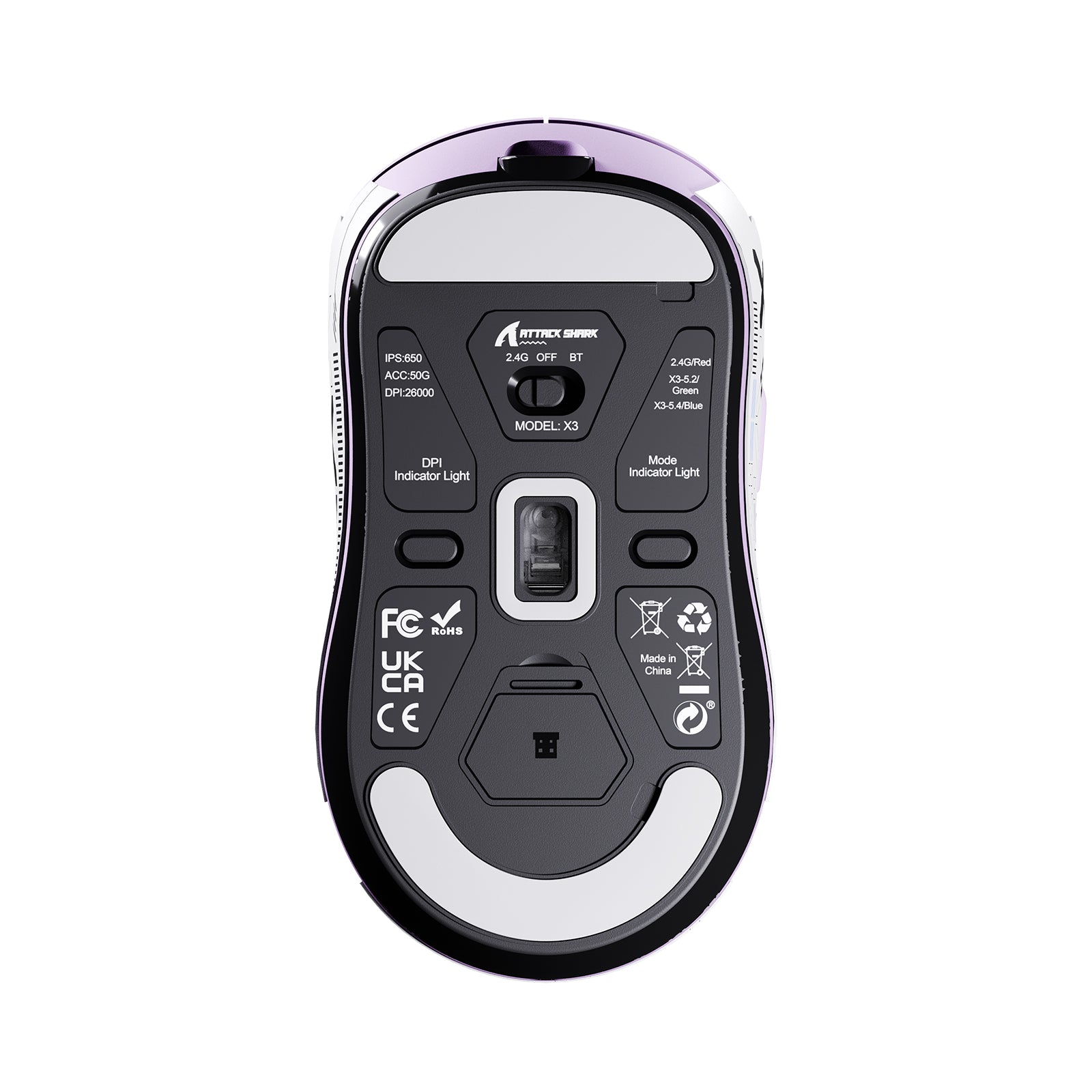 ATTACK SHARK X3 Wireless Gaming Mouse - Bottom view with specifications and indicator lights, ergonomic design