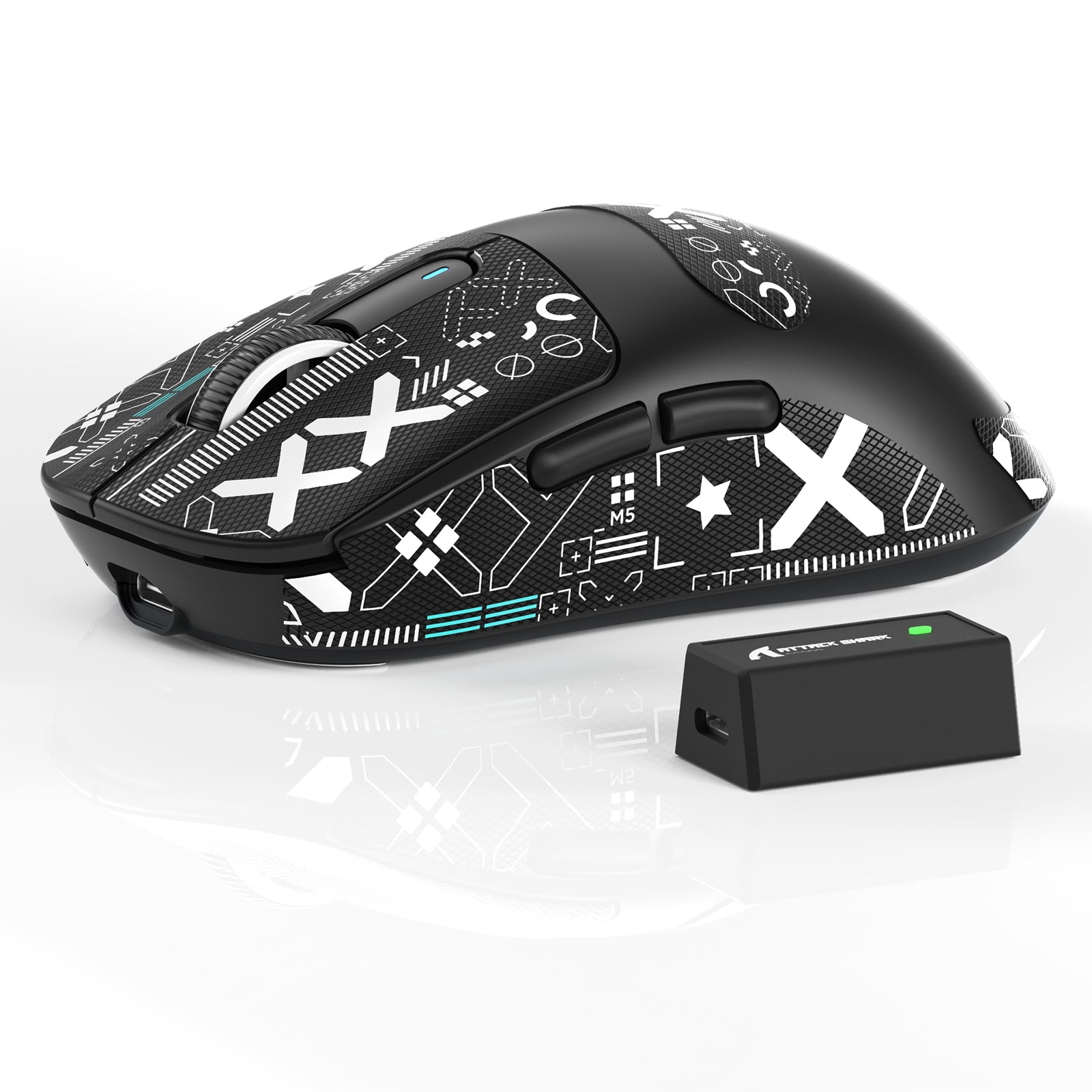 ATTACK SHARK X3PRO gaming mouse with geometric patterns, black, white accents, and receiver