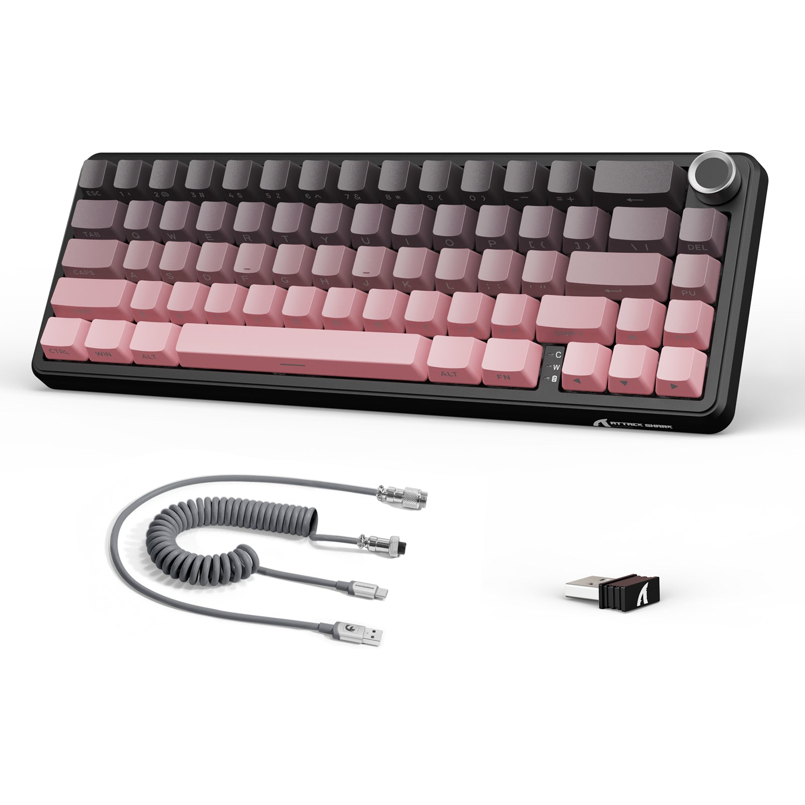 ATTACK SHARK X66 60% wireless mechanical keyboard with pink and grey gradient keycaps and a coiled cable.