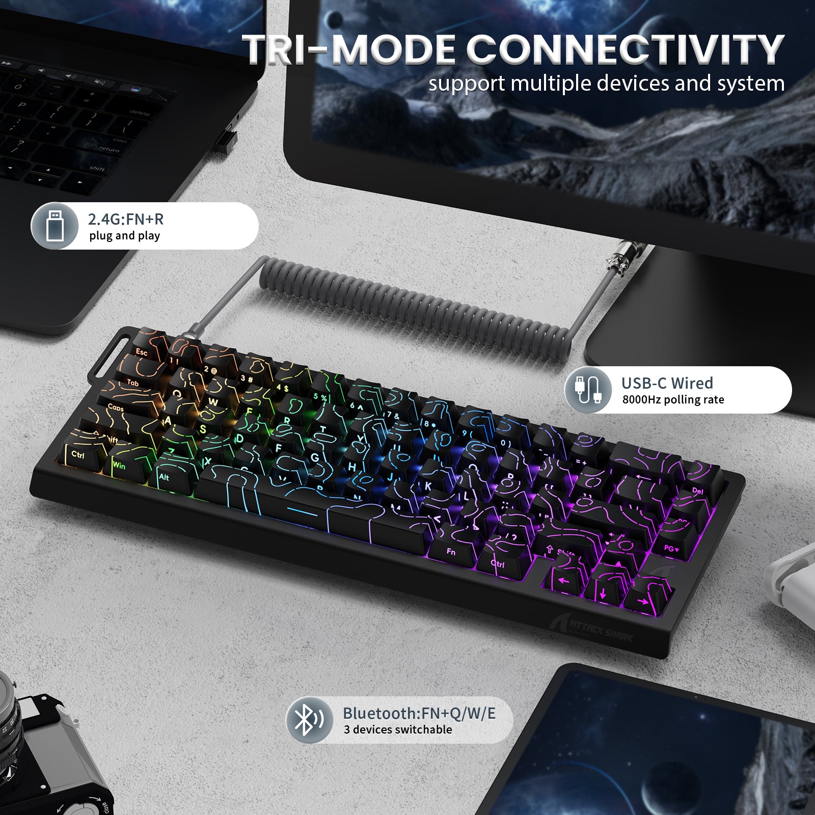 ATTACK SHARK X68PRO HE wireless keyboard showing tri-mode connectivity, 2.4G, Bluetooth and USB-C options.