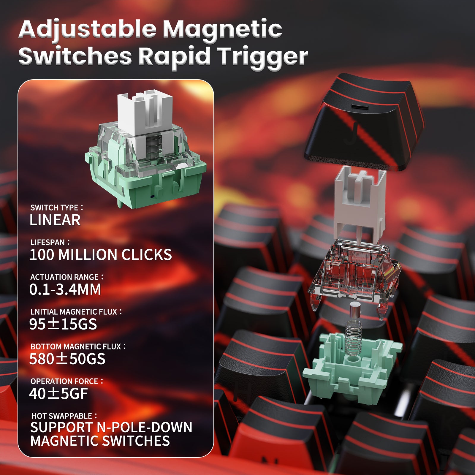 ATTACK SHARK X68PRO HE keyboard: linear magnetic switch with 100M clicks, 0.1-3.4mm actuation, and hot-swappable N-pole down support.